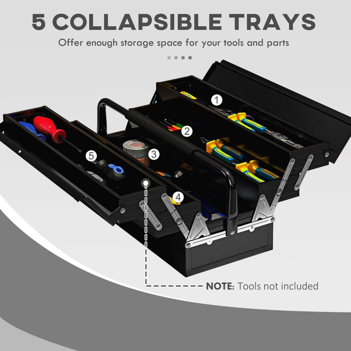 Folding Tool Box with 5 Collapsible Trays – Rust-Resistant Steel Organiser for Home and Workshop, Black