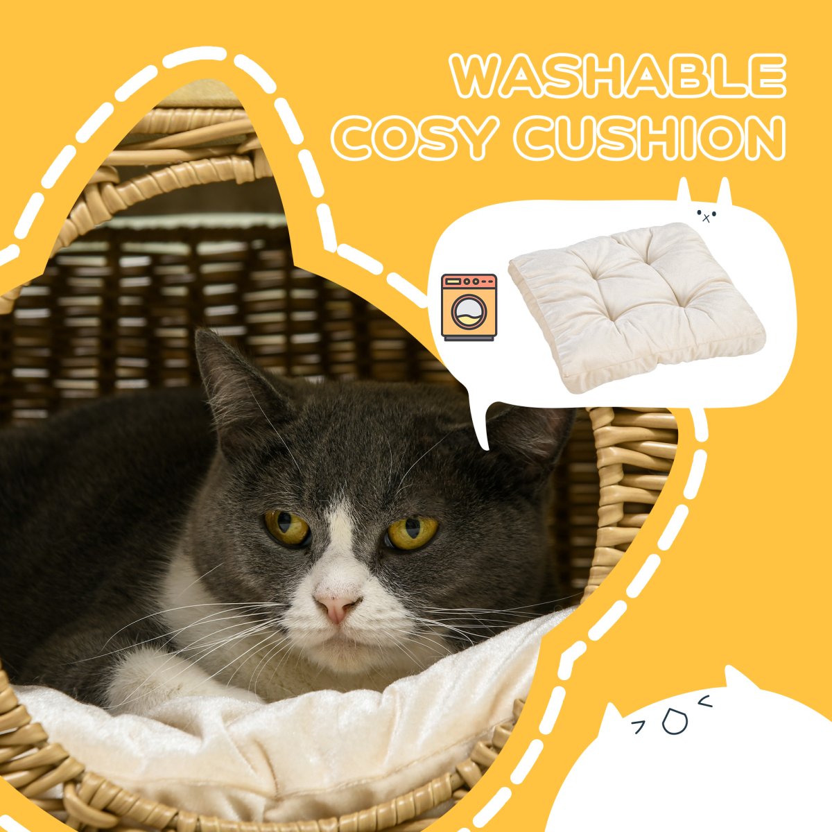 PawHut Elevated Wicker Cat House with Soft Cushion & Door Hole – Cosy Indoor Cat Bed, Light Brown