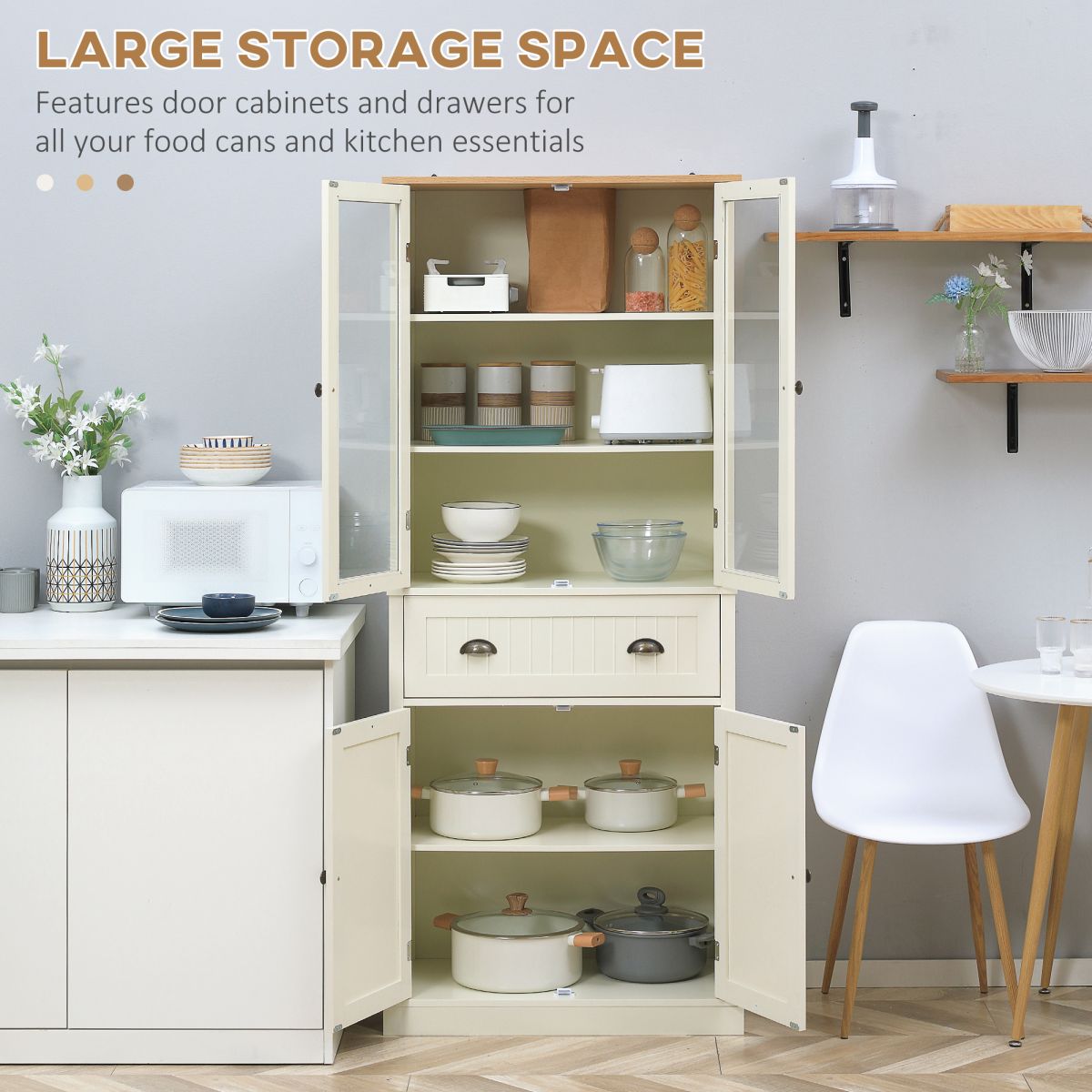 HOMCOM 5-Tier Kitchen Pantry Cupboard with Adjustable Shelves & Doors – Freestanding Storage, Cream