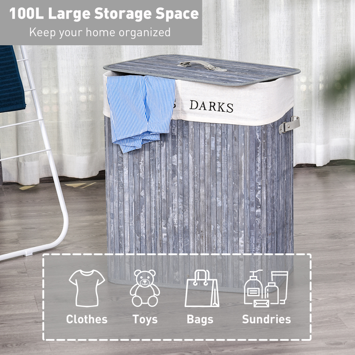 HOMCOM Bamboo Laundry Hamper with Removable Lining and PU Handles – Large Double Section Basket