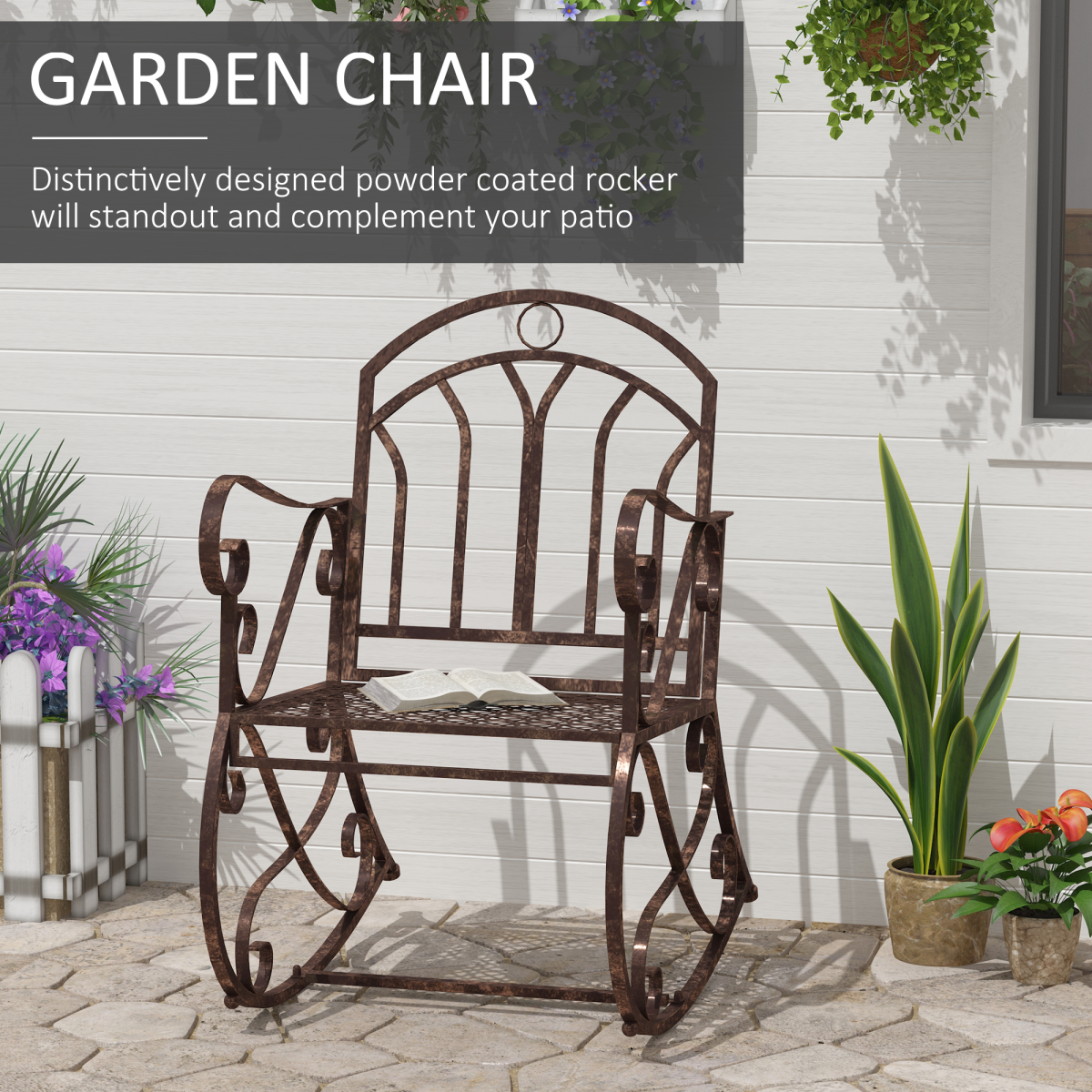 Outsunny Metal Rocking Chair with Armrests & Extra-Wide Seat – Garden Porch Rocker, Bronze Finish