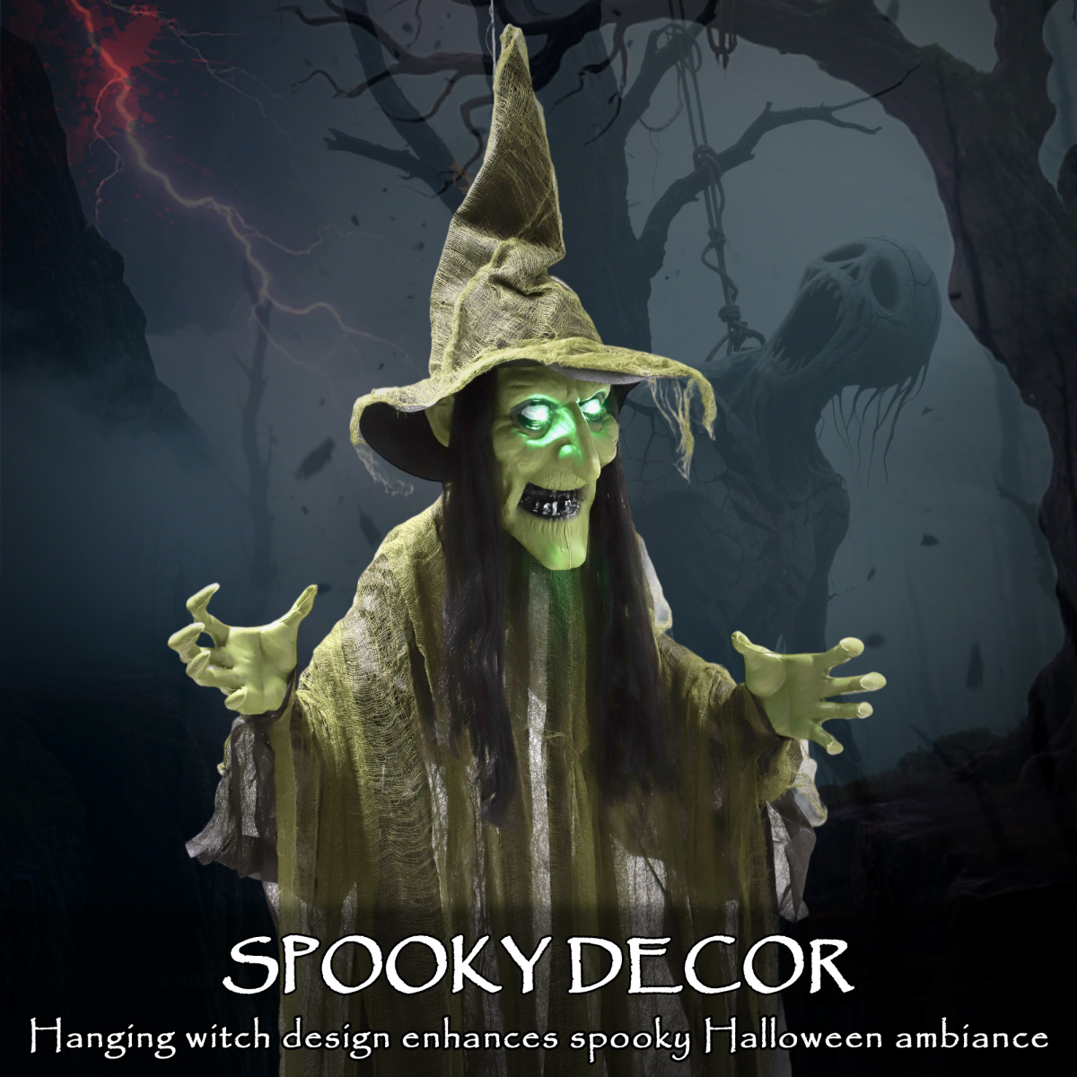 Outsunny Voice Activated Halloween Animatronic Hanging Witch – 170 cm Life-Size Decoration, Green
