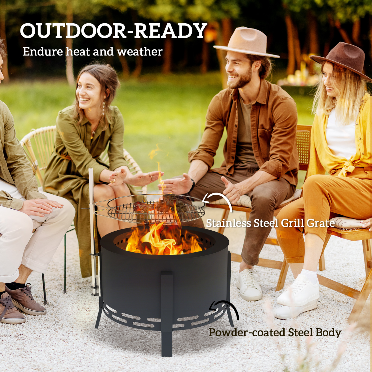 Outsunny Portable Fire Pit with Grill Grate and Poker, 58cm Round Steel Firepit – Garden BBQ Pit, Black