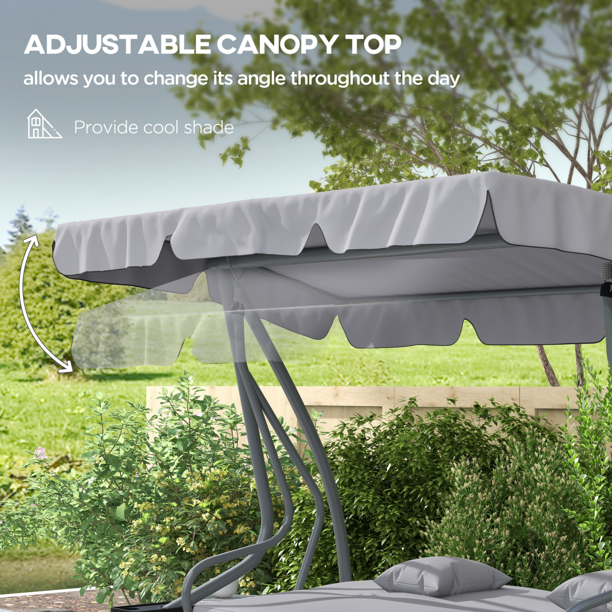 Outsunny 2-in-1 3-Seater Garden Swing Chair with Adjustable Canopy, Side Trays & Pillows – Converts to Bed, Grey