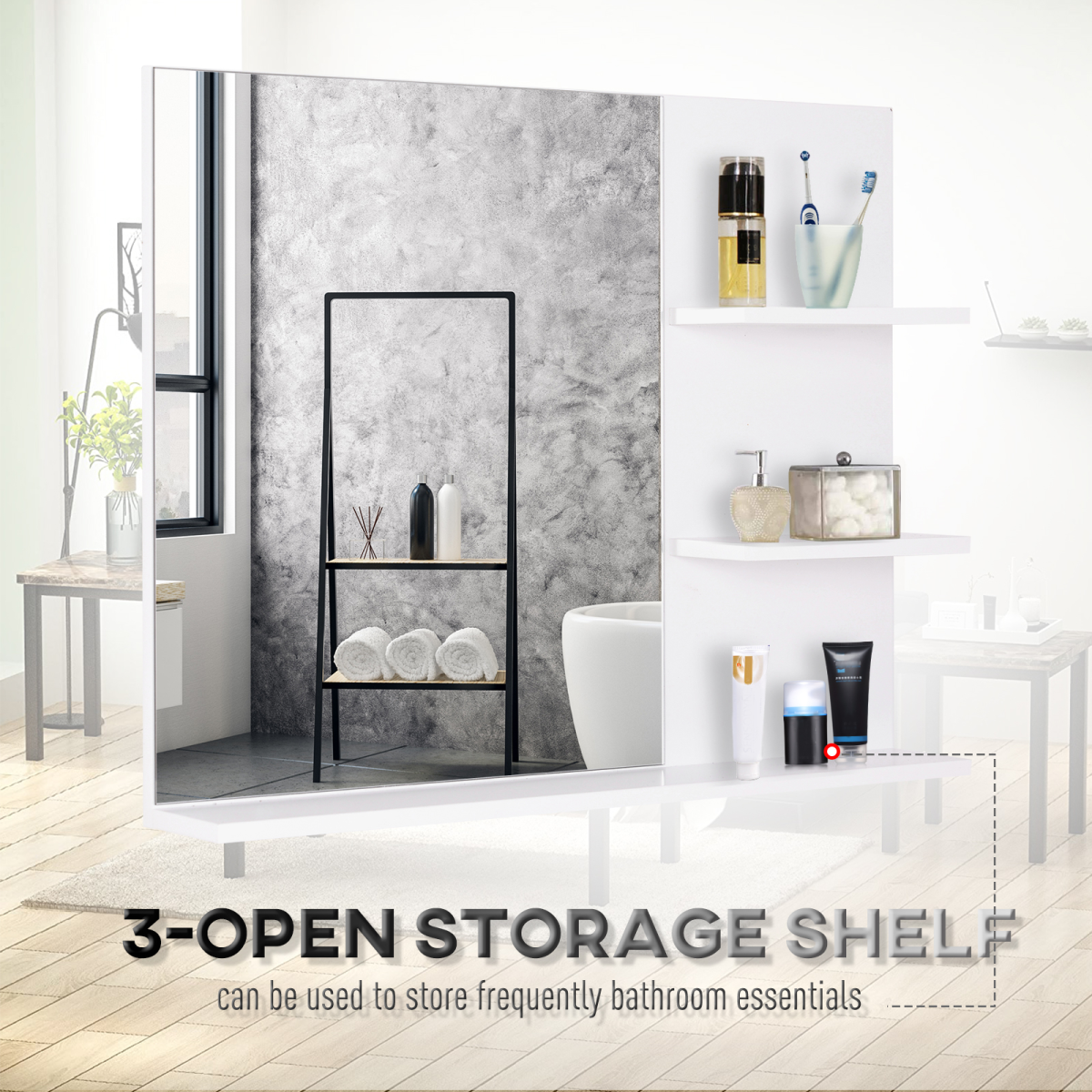 Kleankin Wall Mounted Bathroom Mirror with 3 Open Storage Shelves – Space-Saving Bathroom Storage, White