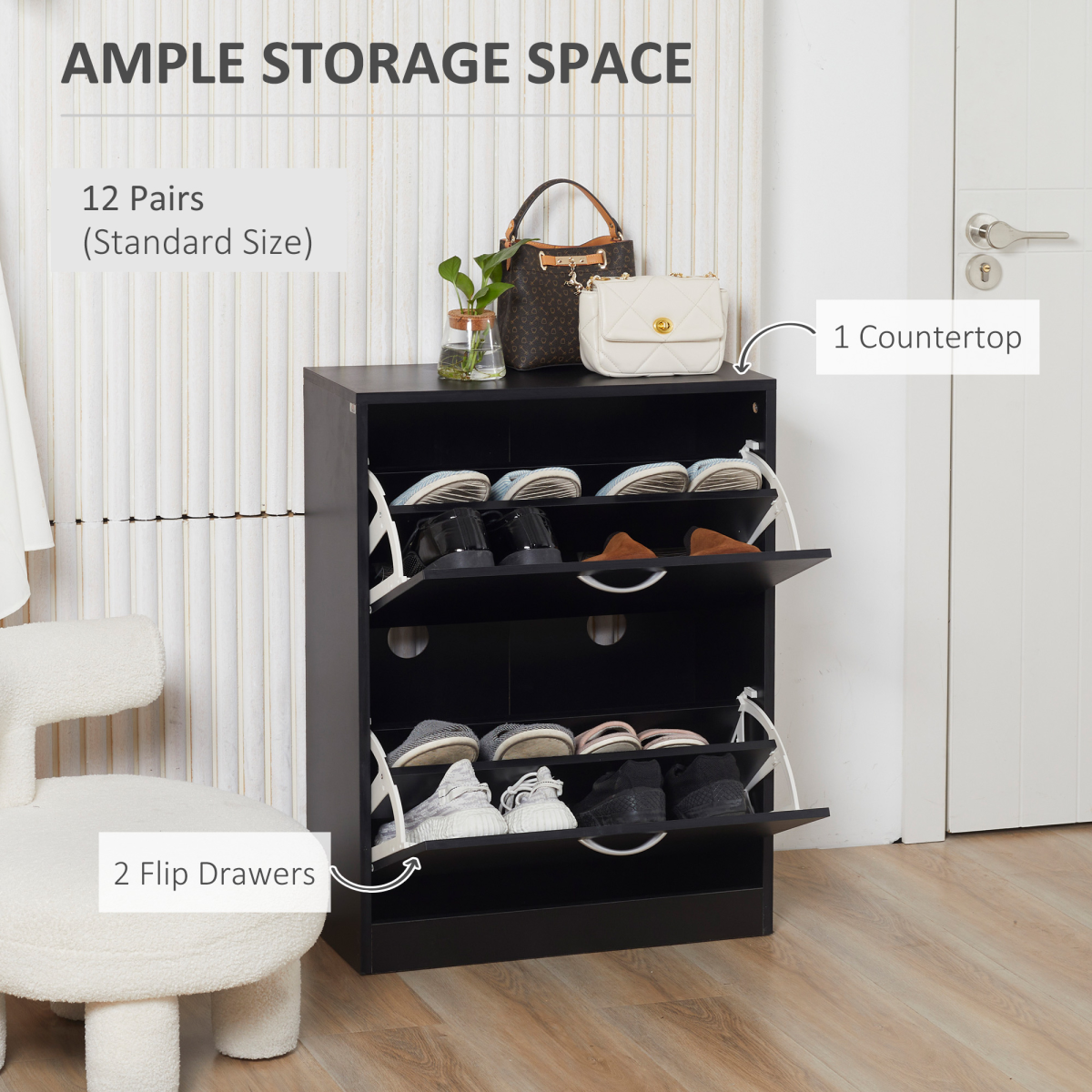 HOMCOM 2-Tier Shoe Cabinet with Flip-Down Doors – 12 Pairs, Adjustable Shelves, Black