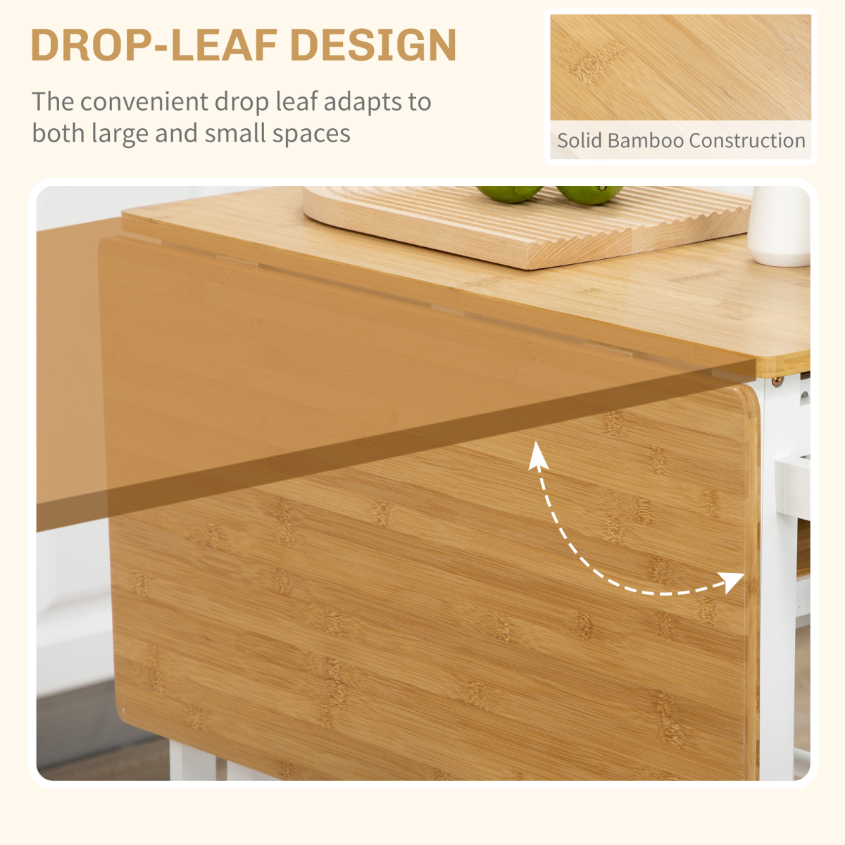 HOMCOM Bamboo Breakfast Cart Set with Drop Leaf Table & 2 Stools – Compact Kitchen Dining Set
