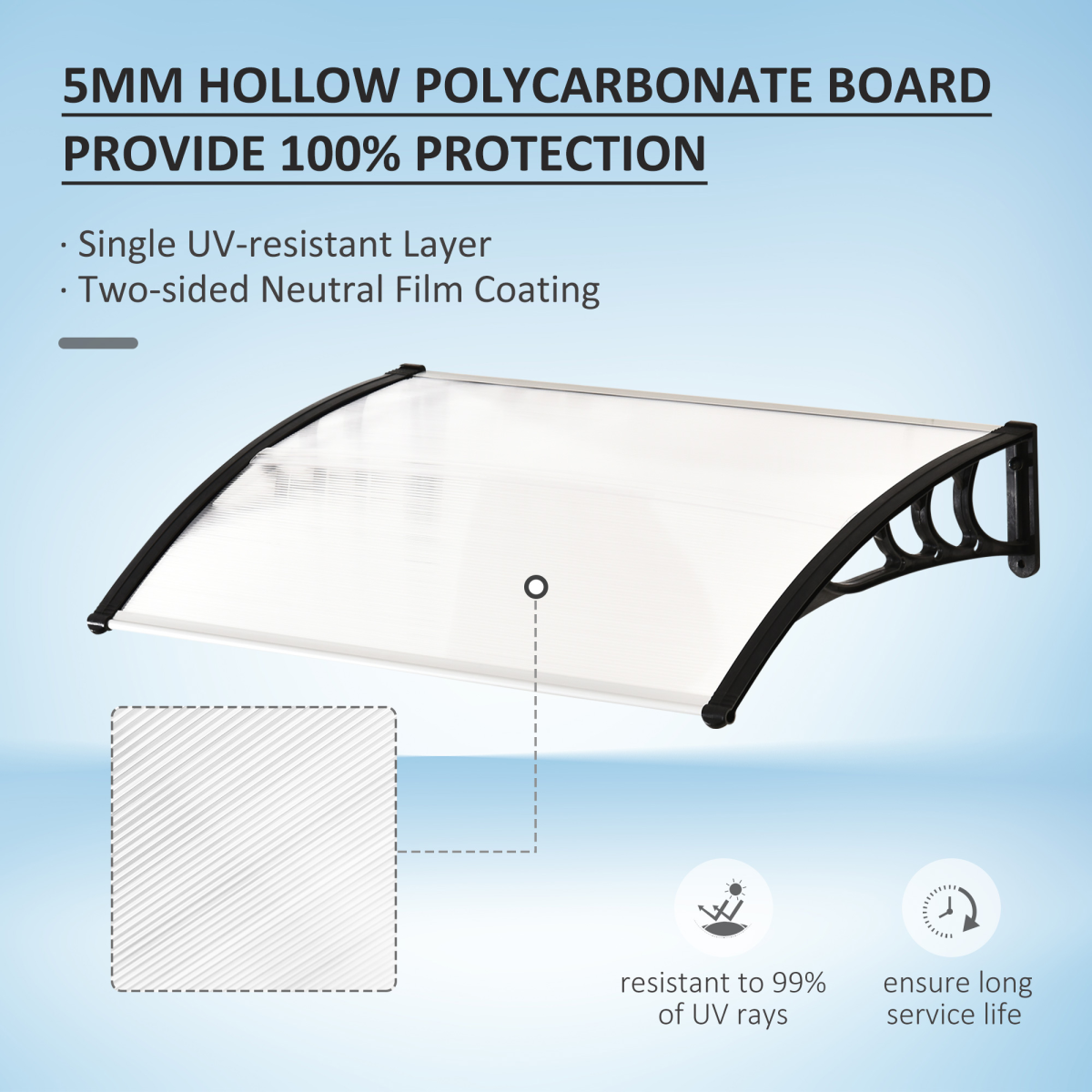 Outsunny Clear Polycarbonate Curved Awning with Black Bracket, 120cm – Door & Window Canopy, UV Protection