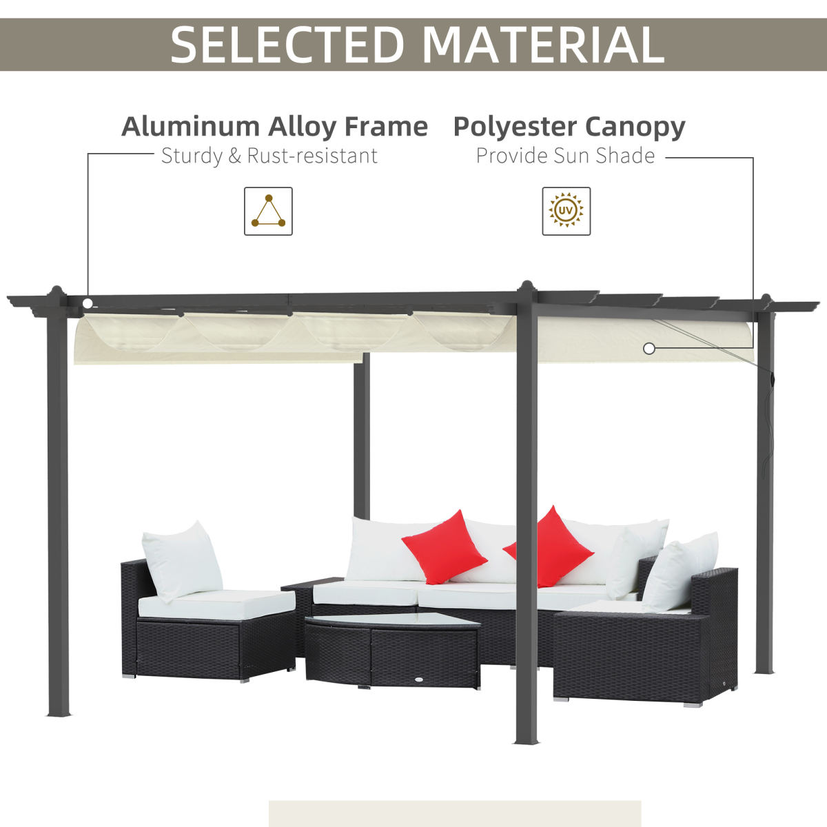 Outsunny 4x3m Aluminium Pergola Gazebo with Retractable Canopy & Ground Stakes – Garden Patio Shade, Cream White