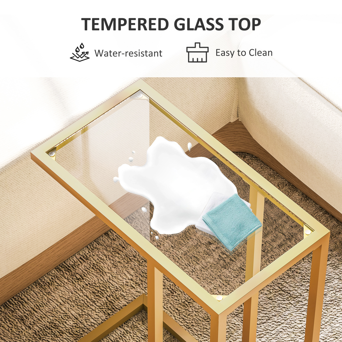 HOMCOM C-Shaped Side Table with Tempered Glass Top – Space-Saving Sofa End Table, Gold