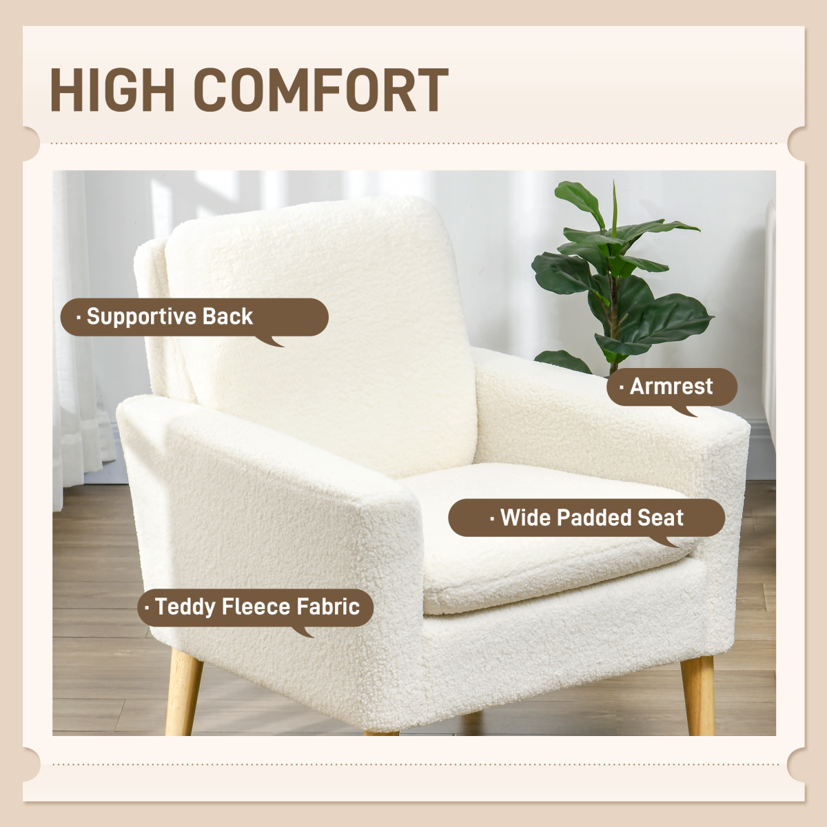 HOMCOM Teddy Fleece Wide Seat Accent Armchair with Solid Wood Frame & Rubberwood Legs – Living Room Chair, Cream