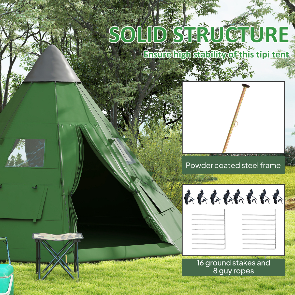 6-Person Tipi Camping Tent with Mesh Windows, Zipped Door & Carry Bag – Large Family Teepee Tent, Green & Black
