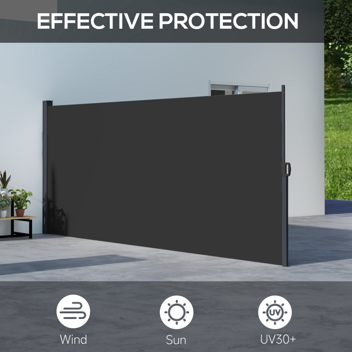 Outsunny Retractable Side Awning Privacy Screen with UV30+ Canopy – 400 x 160cm Patio Wind & Sun Shade, Black