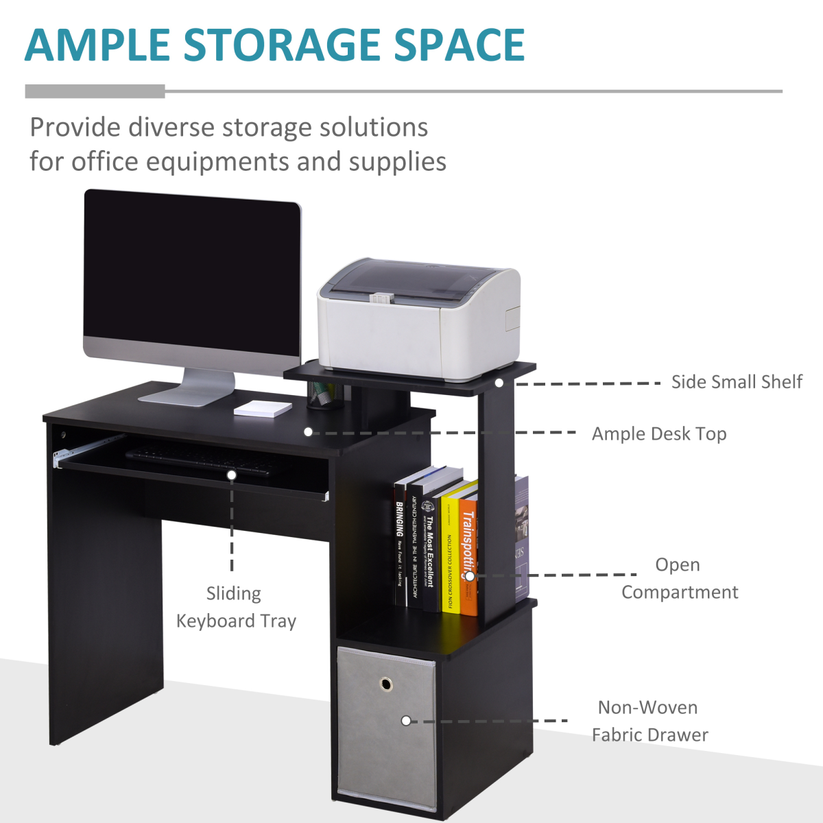 HOMCOM Computer Desk with Sliding Keyboard Tray, Drawer & Shelf – Compact Home Office Workstation, Black