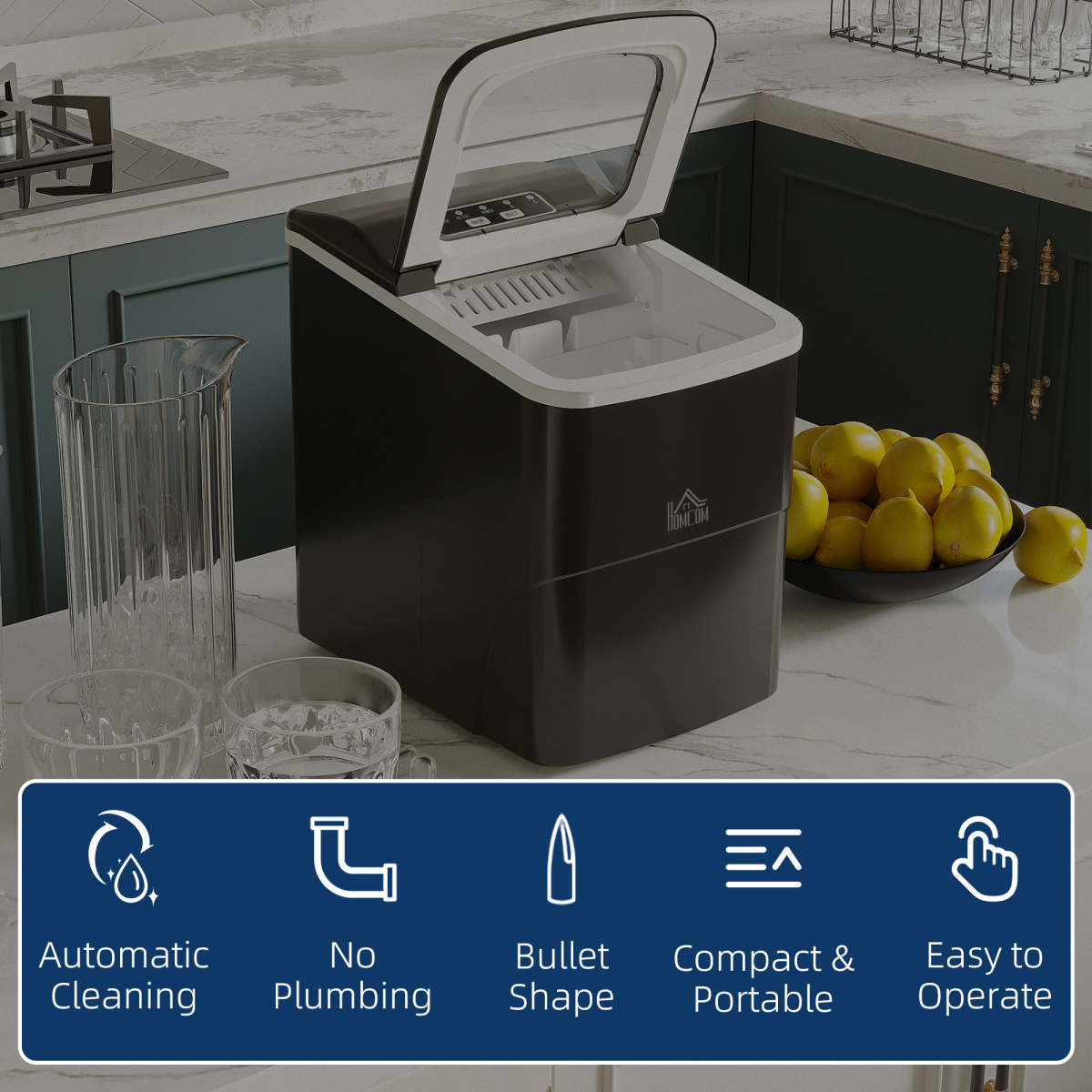 HOMCOM Countertop Ice Maker 12kg/24h with Scoop & Basket – Compact Home or Office Ice Machine, Black