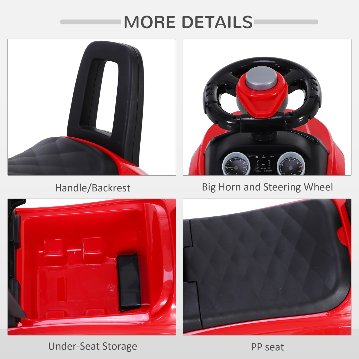 HOMCOM 3-in-1 Toddler Ride-On Car with Horn, Steering and Under-Seat Storage – Foot-to-Floor Slider, Red