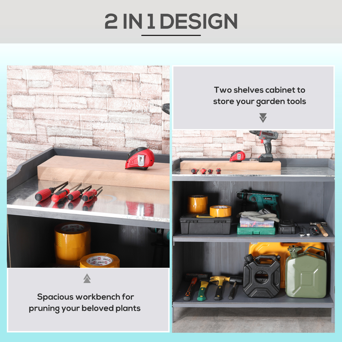 Outsunny Potting Bench Storage Cabinet with Galvanised Worktop & Magnetic Doors – Fir Wood Workstation, Grey