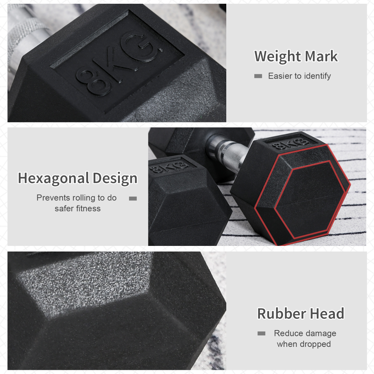 HOMCOM Hexagonal Dumbbell Set, 2 x 8kg with Knurled Handles – Anti-Roll Home Gym Hand Weights