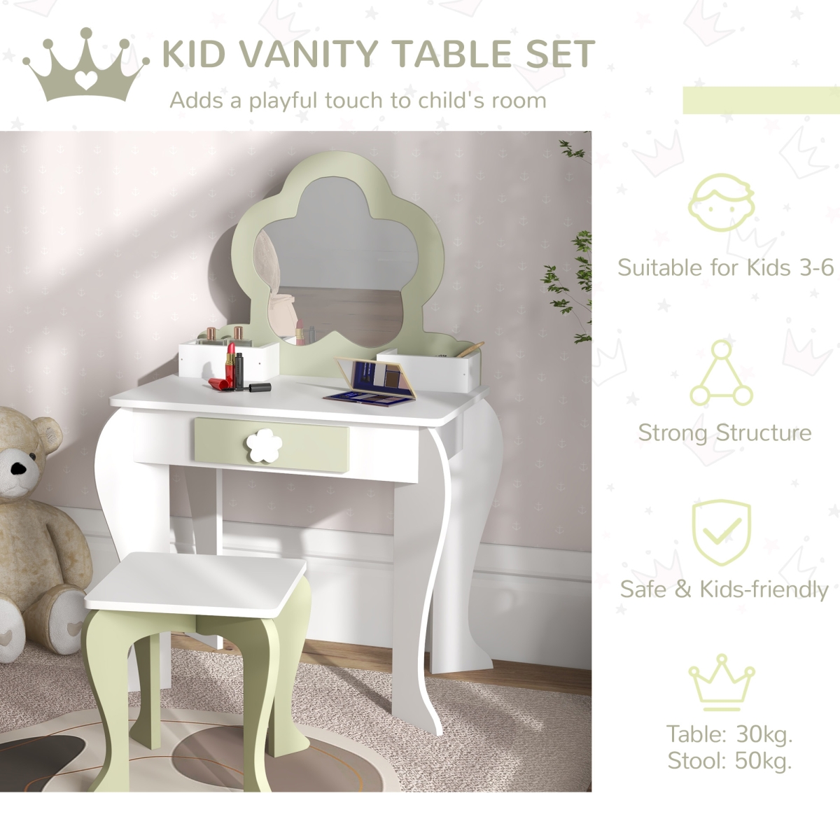 ZONEKIZ Kids Vanity Table Set with Stool, Mirror & Drawer, Flower Design – Girls Dressing Table, White