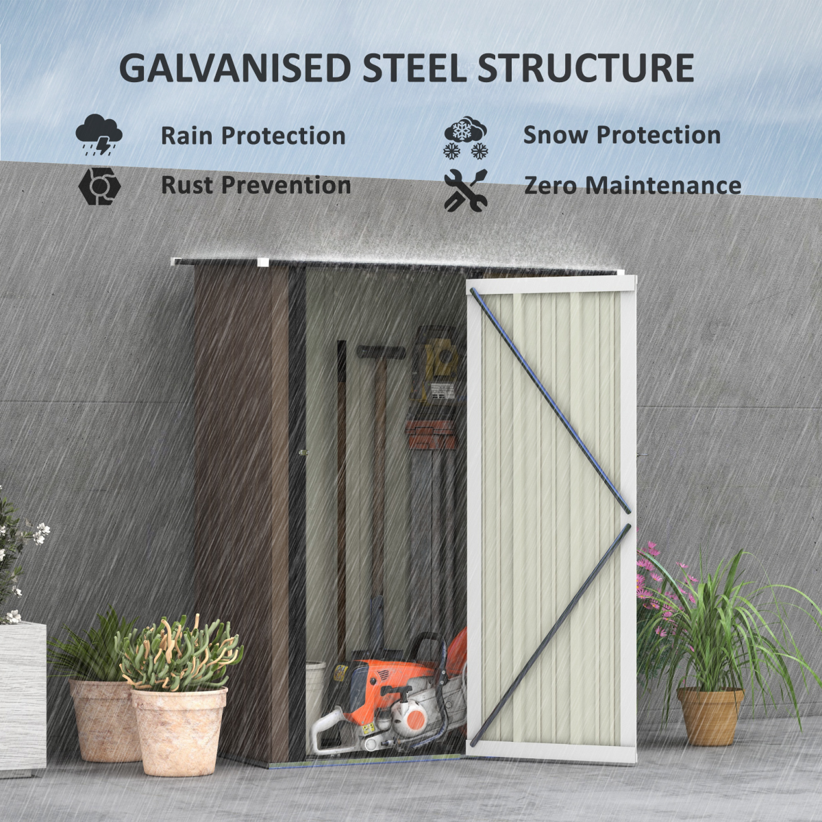 Outsunny Steel Garden Shed with Lockable Hinged Door and Sloped Roof – Outdoor Tool Storage, Brown