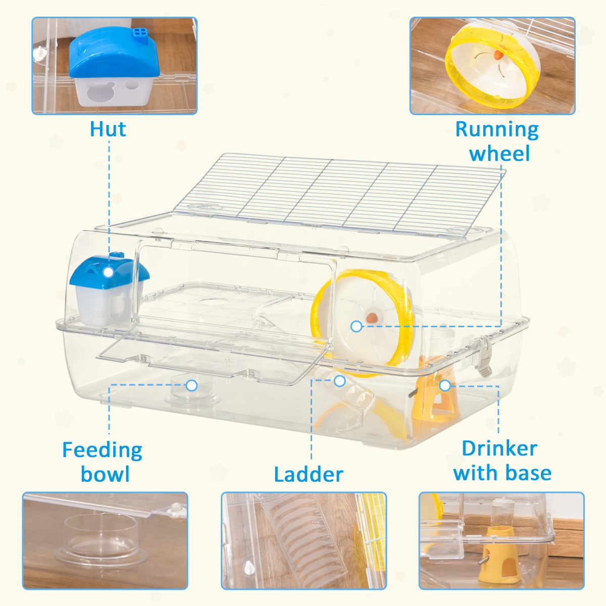 PawHut Portable 2-Storey Hamster Cage with Running Wheel, Drinker & Feeding Bowl – Small Animal Habitat