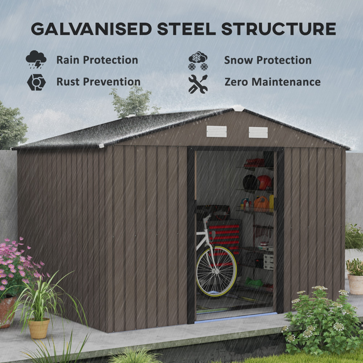 Outsunny 9x6ft Metal Garden Storage Shed with Double Sliding Door & Ventilation – Tool Store, Brown