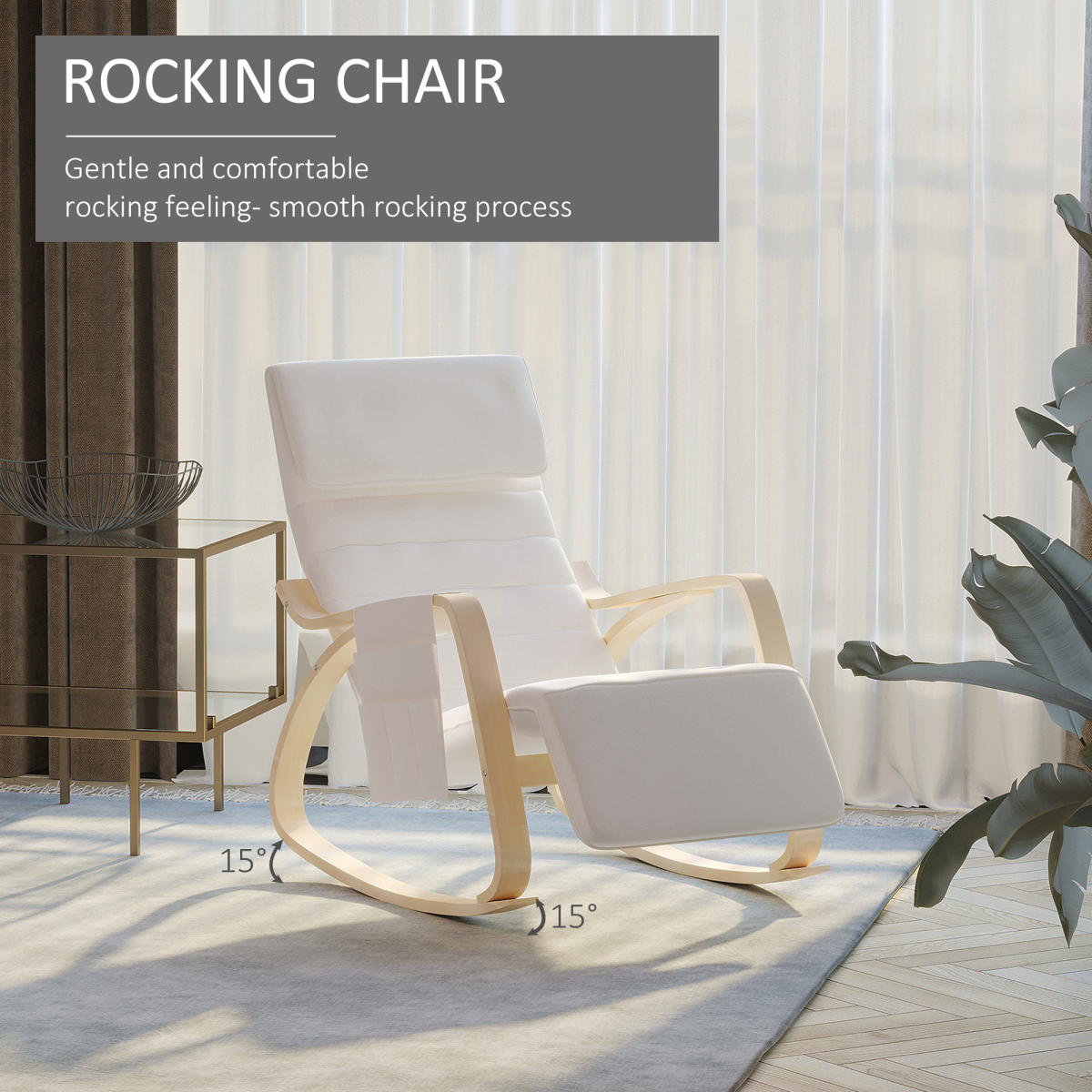 HOMCOM Rocking Recliner Armchair with Adjustable Footrest & Birch Wood Frame – Nursery Chair, Cream White