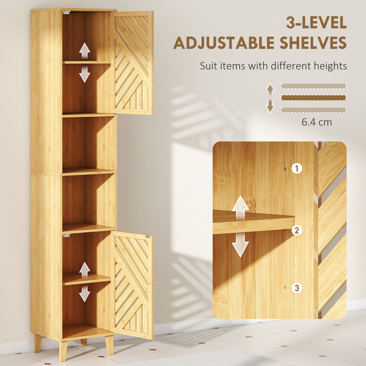 HOMCOM Tall Slim Bathroom Cabinet with Bamboo Doors, Open Compartments & Adjustable Shelves – Storage, Natural