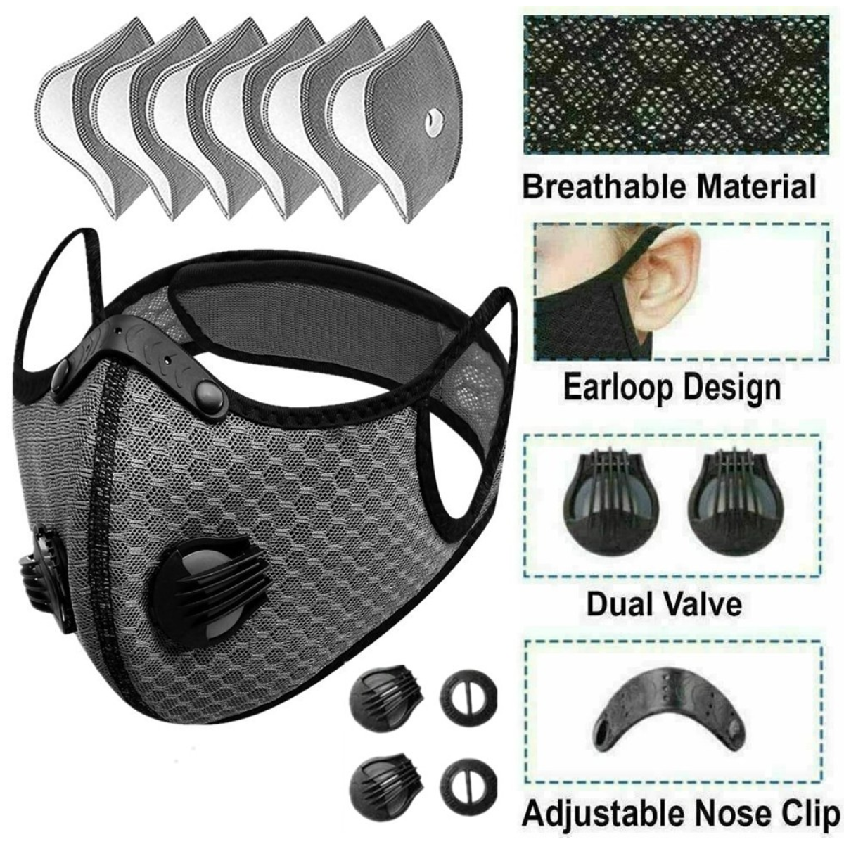 Reusable Half Face Mask with Activated Carbon Filters – Cycling & Outdoor Sports Face Cover, Grey
