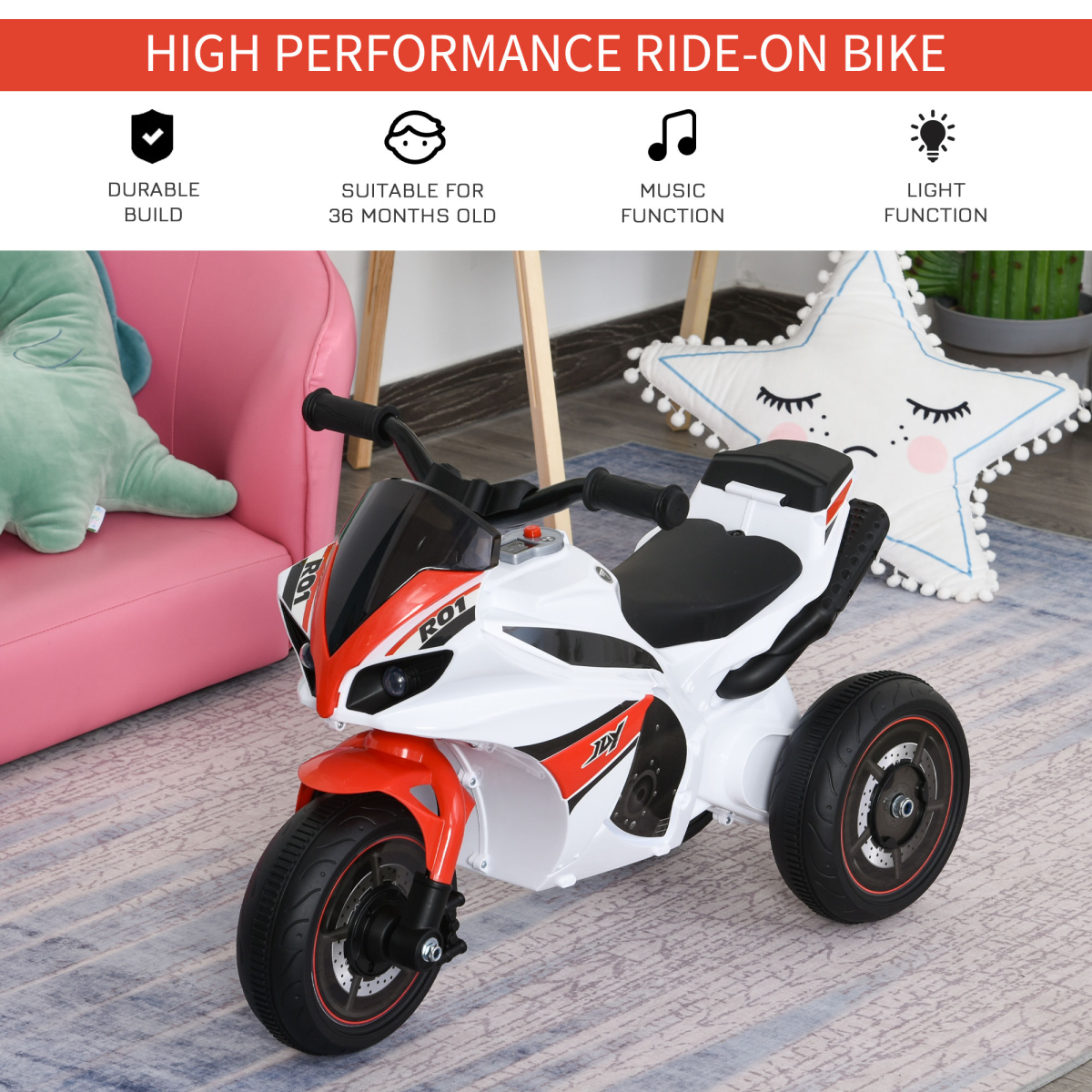 HOMCOM Kids Ride-On Police Bike with 3 Wheels, Music & Lights – Toddler Foot-to-Floor Trike, 18-36 Months