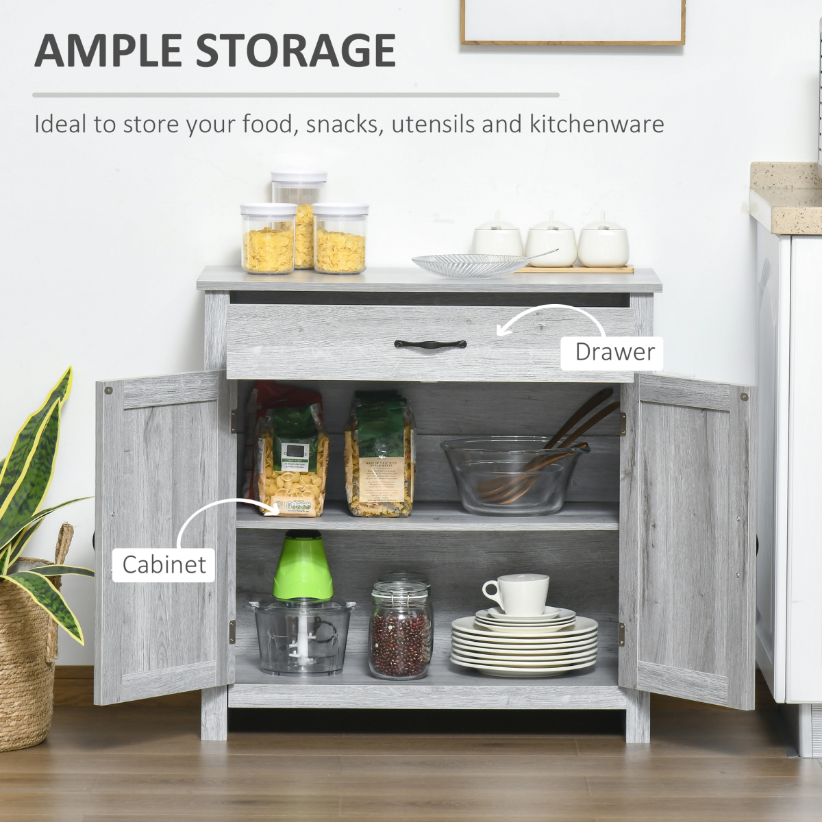 Farmhouse Barn Door Sideboard Buffet & Coffee Bar Cabinet – Sliding Door Kitchen Storage, Grey Wood Grain