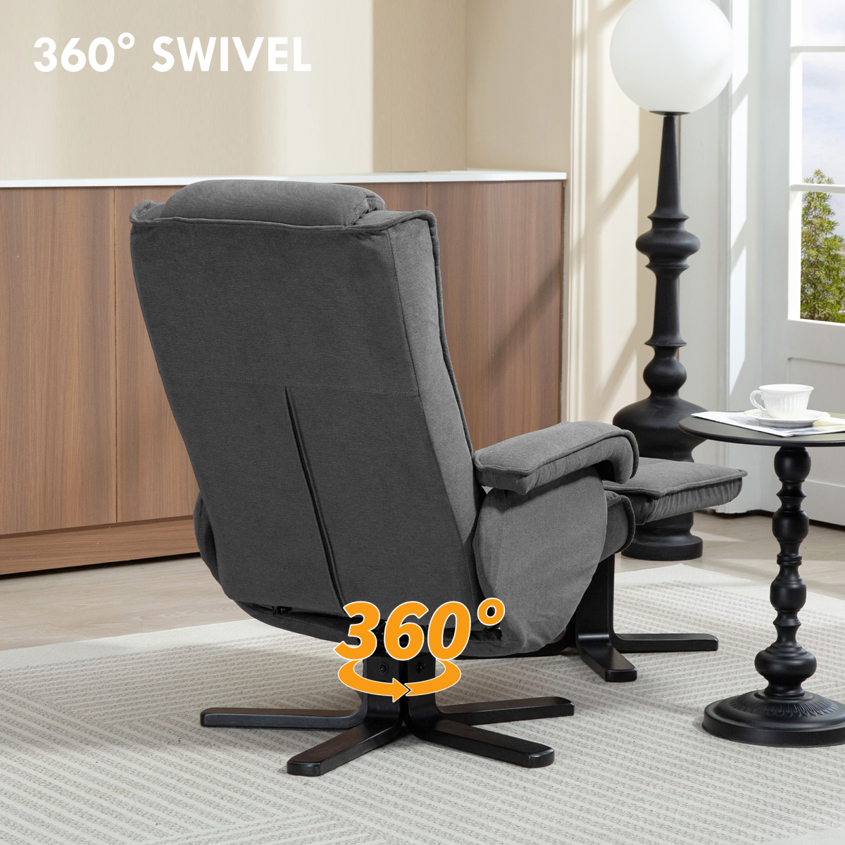 Swivel Recliner Chair with Footstool, 135° Manual Recline & Velvet-Feel Fabric – Armchair, Charcoal Grey