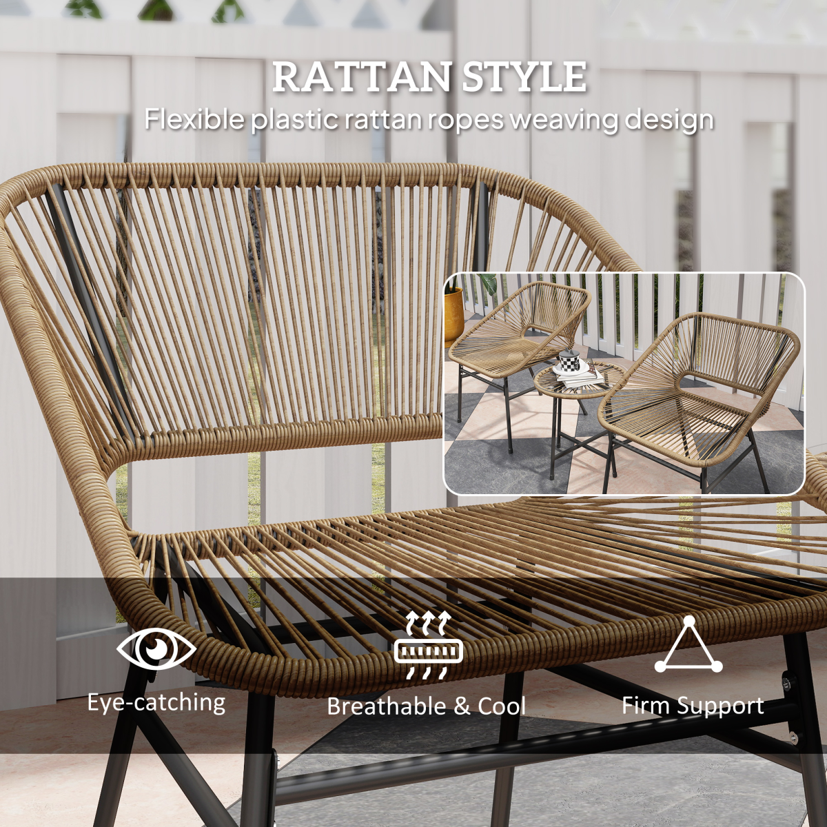 Outsunny 3-Piece Rattan Bistro Set with Cushions & Tempered Glass Table – Small Balcony Garden Furniture