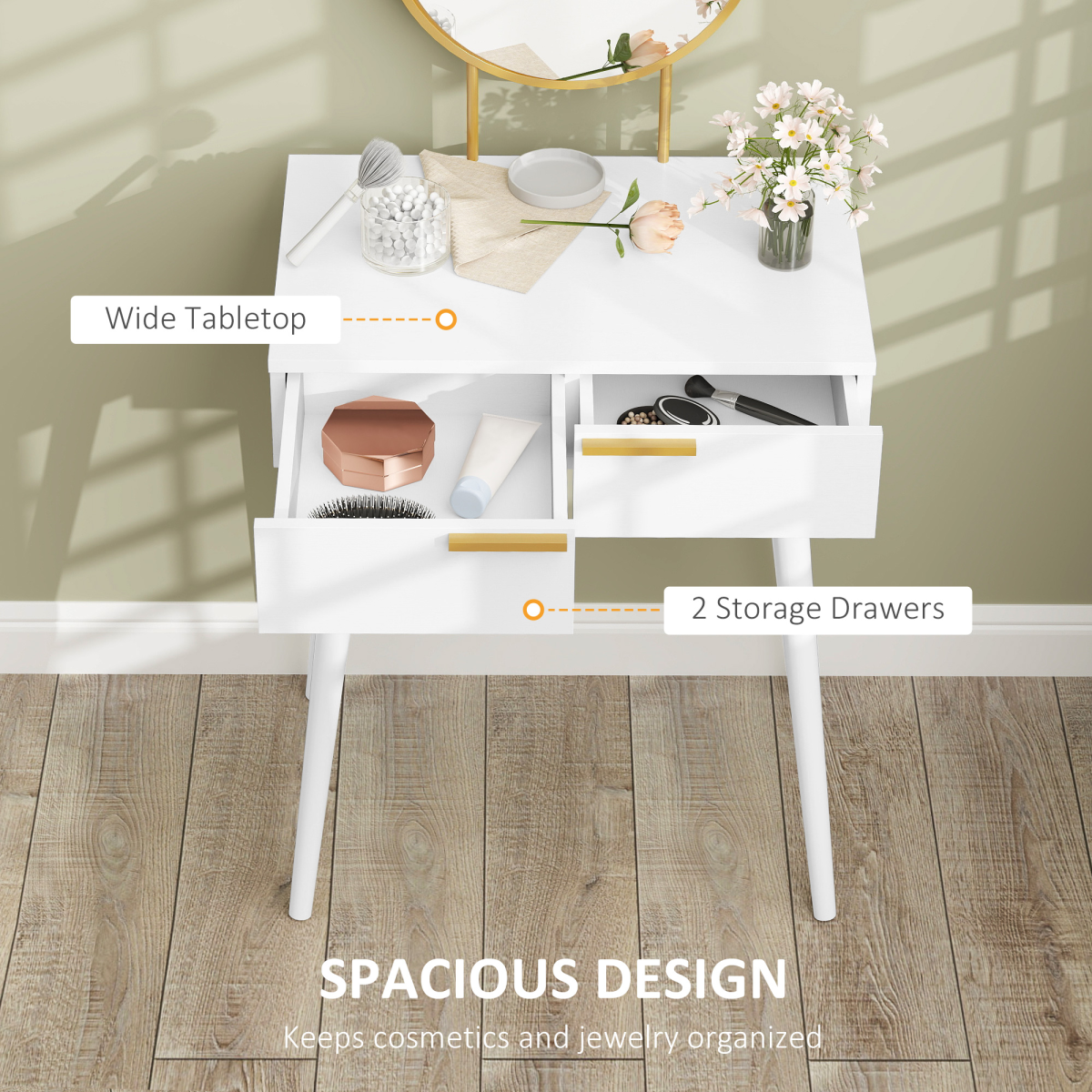 HOMCOM Modern Dressing Table with 2 Drawers & Round Mirror – Bedroom Vanity Table, White