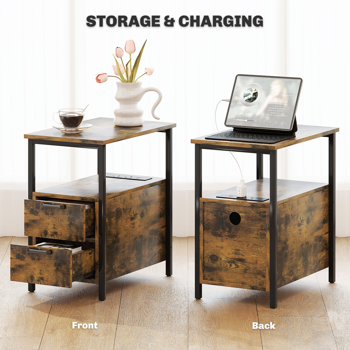 HOMCOM Bedside Table with Charging Station, 2 Drawers and Open Shelf – Nightstand or Side Table, Rustic Brown