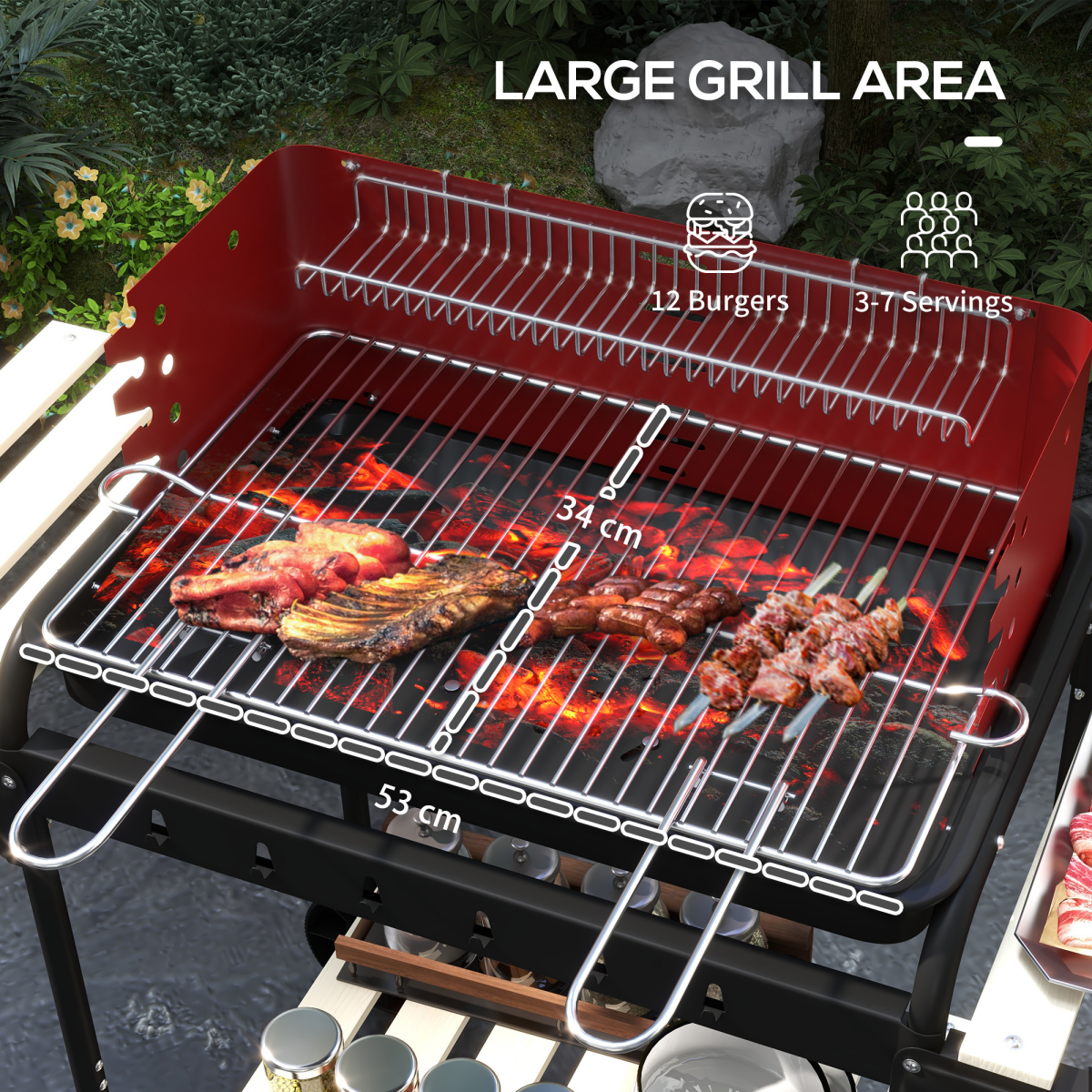 Outsunny Charcoal BBQ Grill Trolley with 5-Level Adjustable Height, Warming Rack, Ash Catcher & Wheels, Red/Black