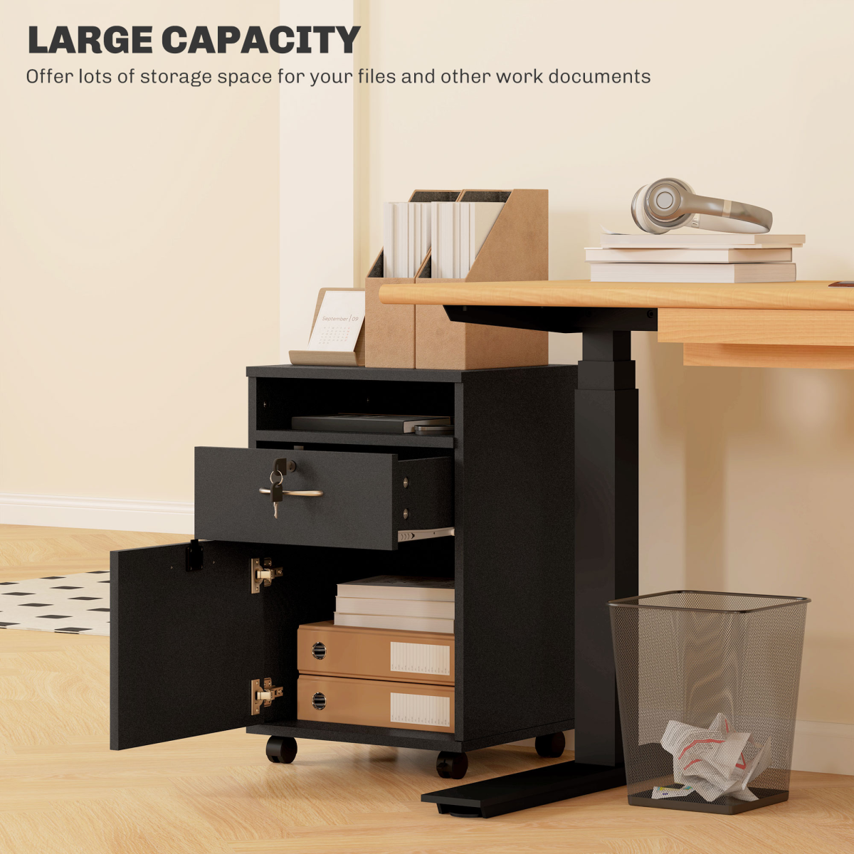 HOMCOM 60cm Mobile Storage Cabinet with Drawer, Cupboard and Open Shelf – Lockable Wheels, Black