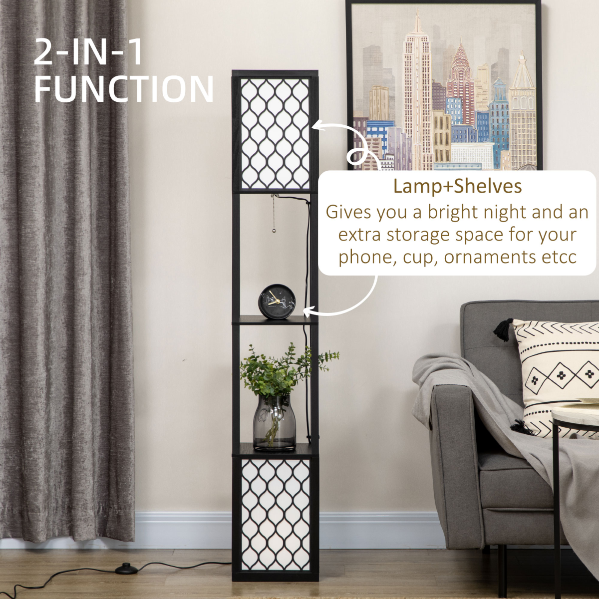 Modern 2-Light Floor Lamp with Display Shelves – Living Room & Bedroom Lighting and Storage