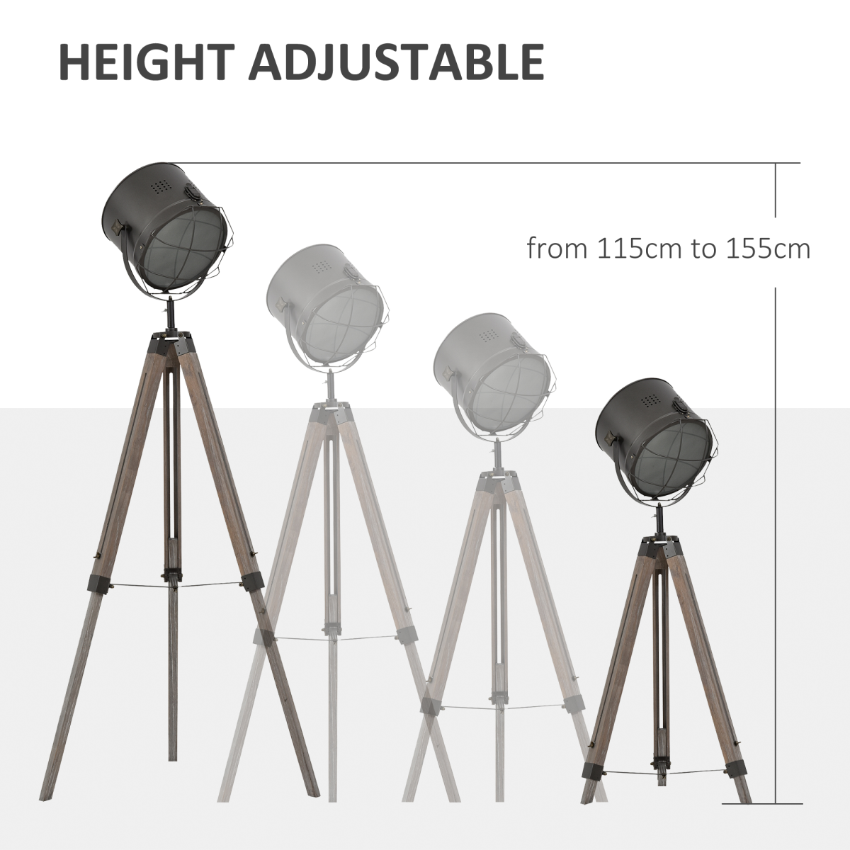 HOMCOM Pine Wood Tripod Floor Lamp with Spotlight Shade, Height Adjustable – Industrial Style, Brown