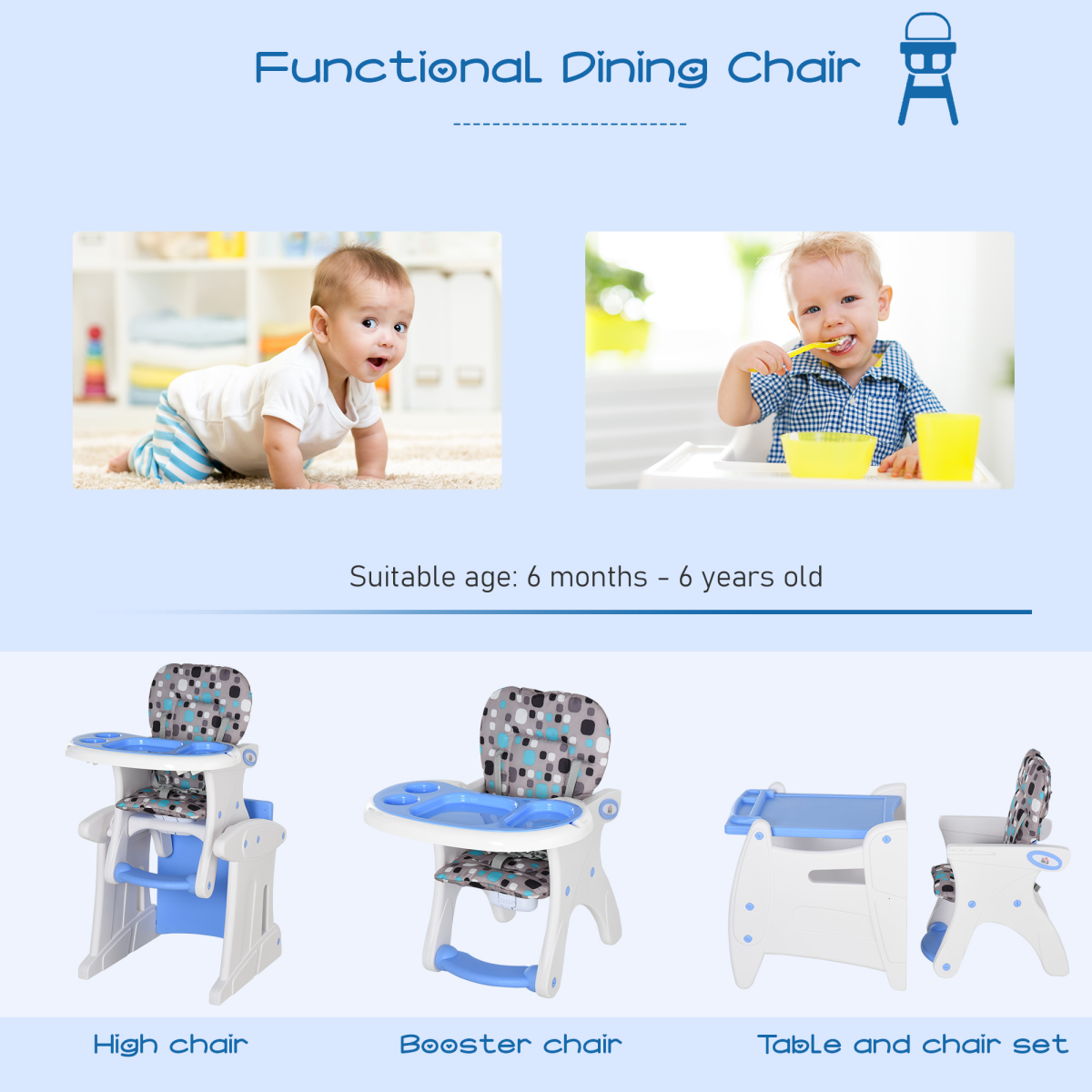 HOMCOM 3-in-1 Convertible Baby High Chair with Removable Tray & Five-Point Harness – Rocker and Booster Seat, Blue