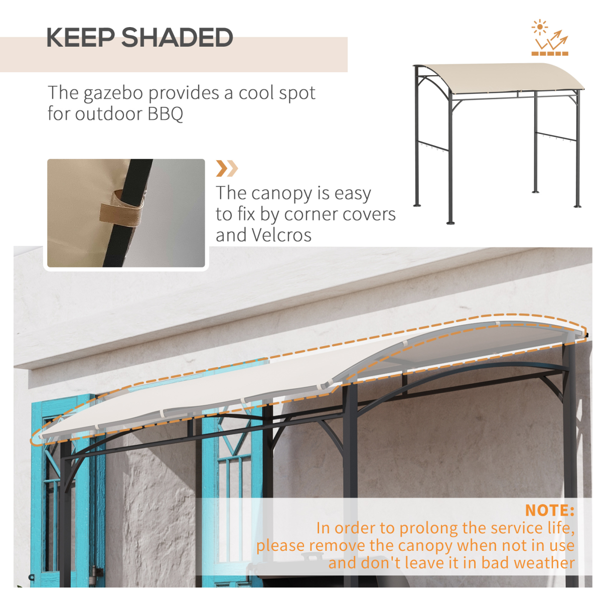 Outsunny BBQ Gazebo Tent 2.2 x 1.5m with 10 Hooks and Curved Canopy – Sun Shade Shelter, Beige