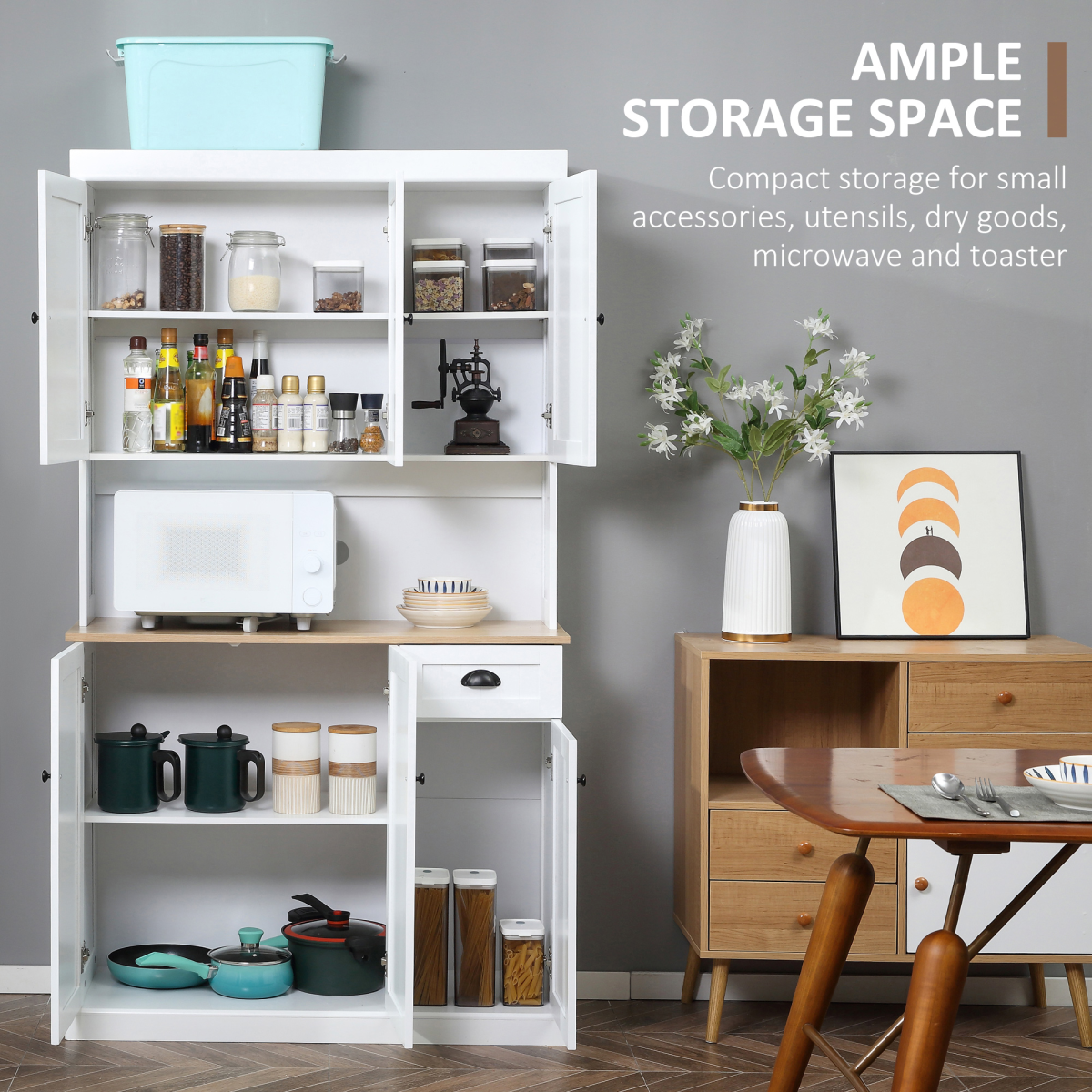 HOMCOM Kitchen Cupboard & Microwave Stand with Four Cabinets, Drawer & Adjustable Shelves – Tall Pantry