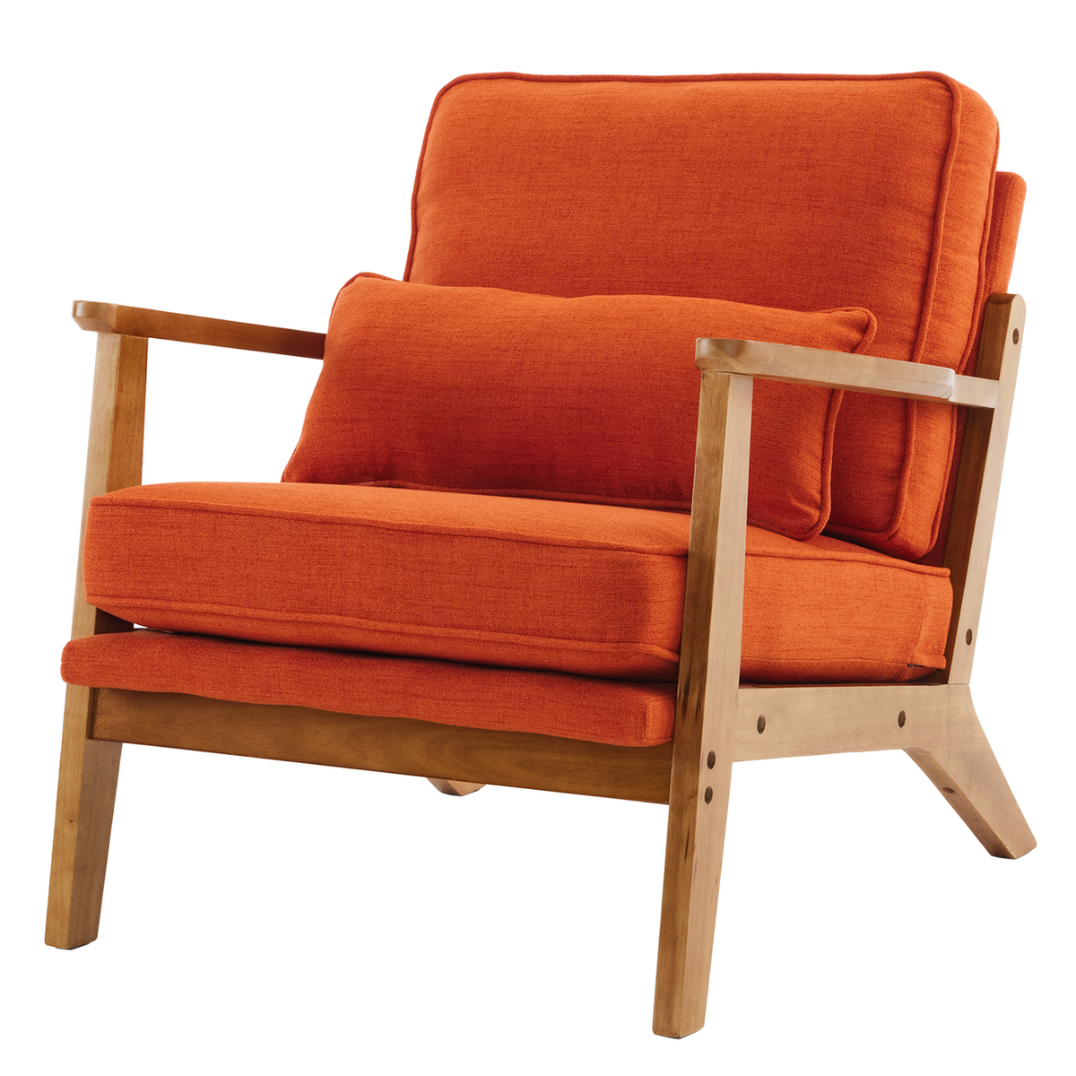 Mid-Century Modern Oak Frame Accent Chair with Linen-Cotton Upholstery – Retro Lounge Armchair, Burnt Orange