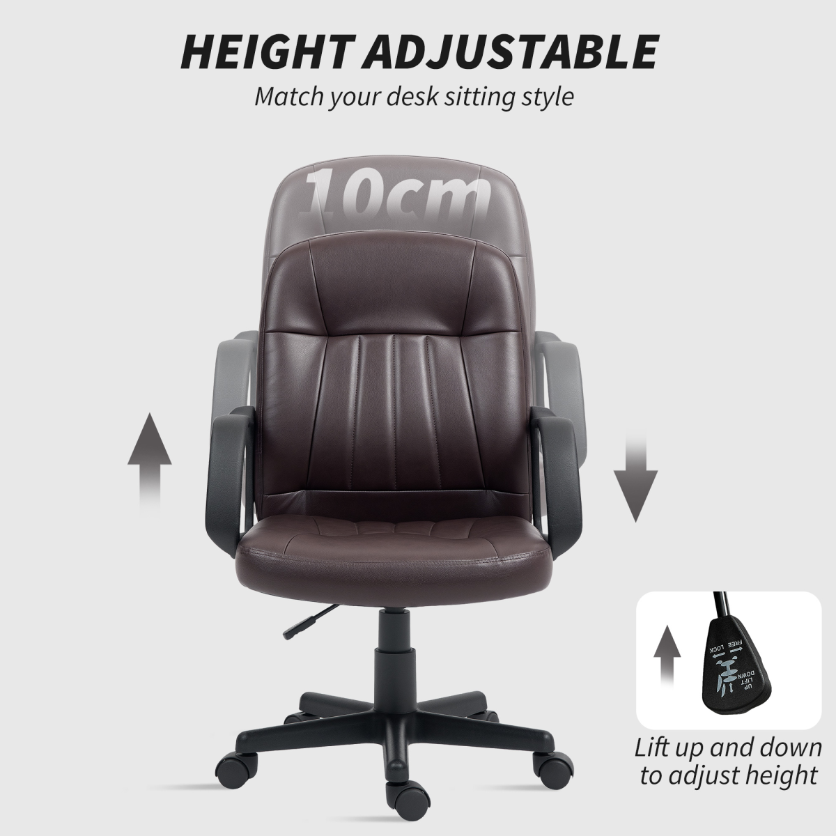 HOMCOM PU Leather Mid-Back Swivel Office Chair with 360° Swivel & Five Castors – Home Office Desk Chair, Dark Brown
