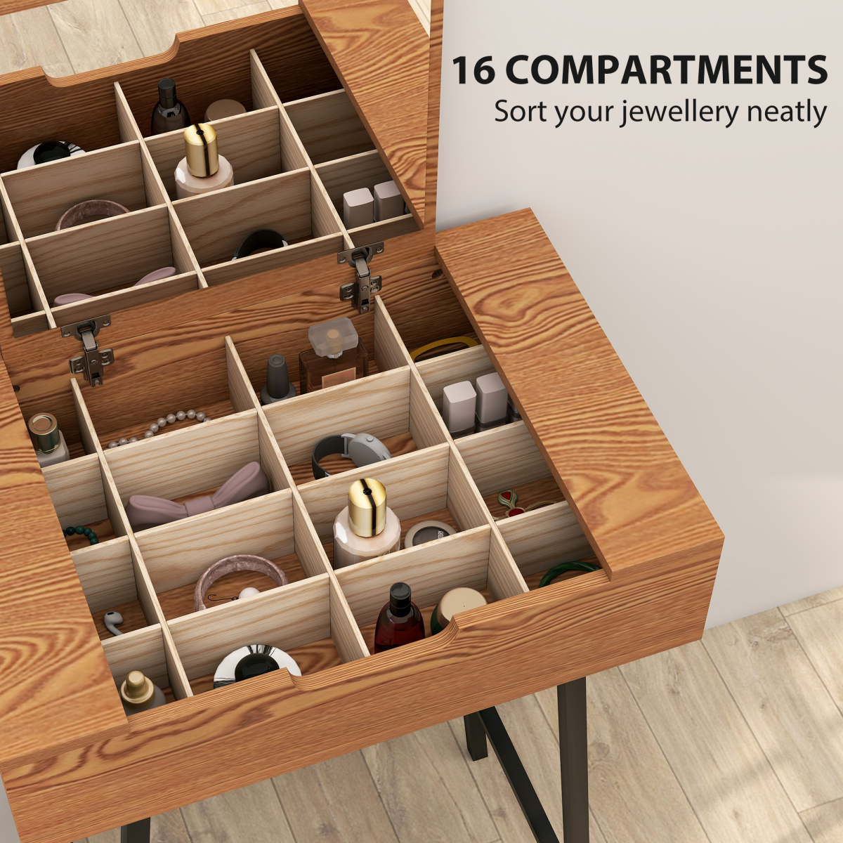 HOMCOM Industrial Vanity Desk with Flip-Up Mirror, 16 Hidden Compartments and Steel Legs – Natural Wood Effect