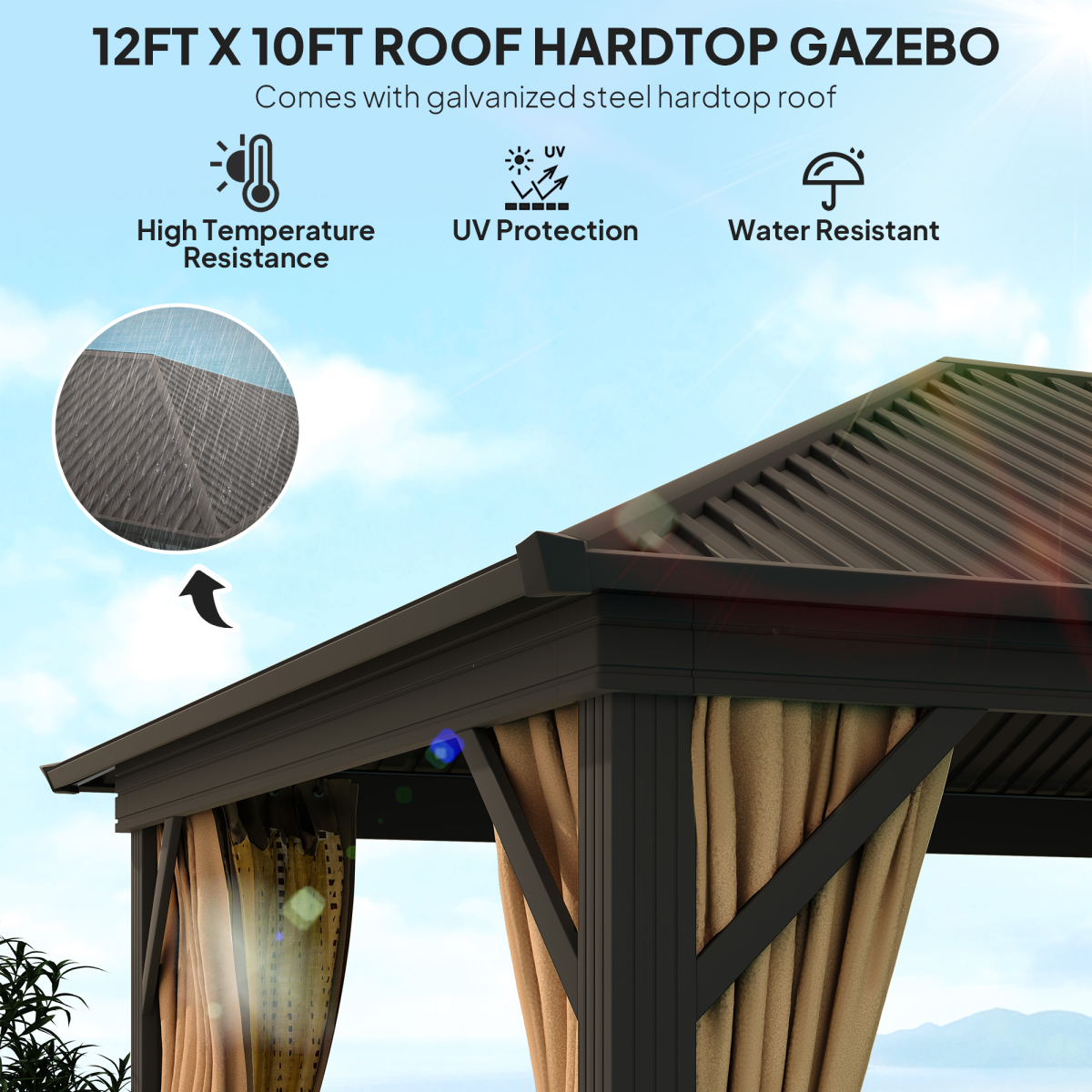 Outsunny 3.6 x 3m Metal Hardtop Gazebo with Zip Curtains & Mosquito Netting – Garden Shelter, Brown