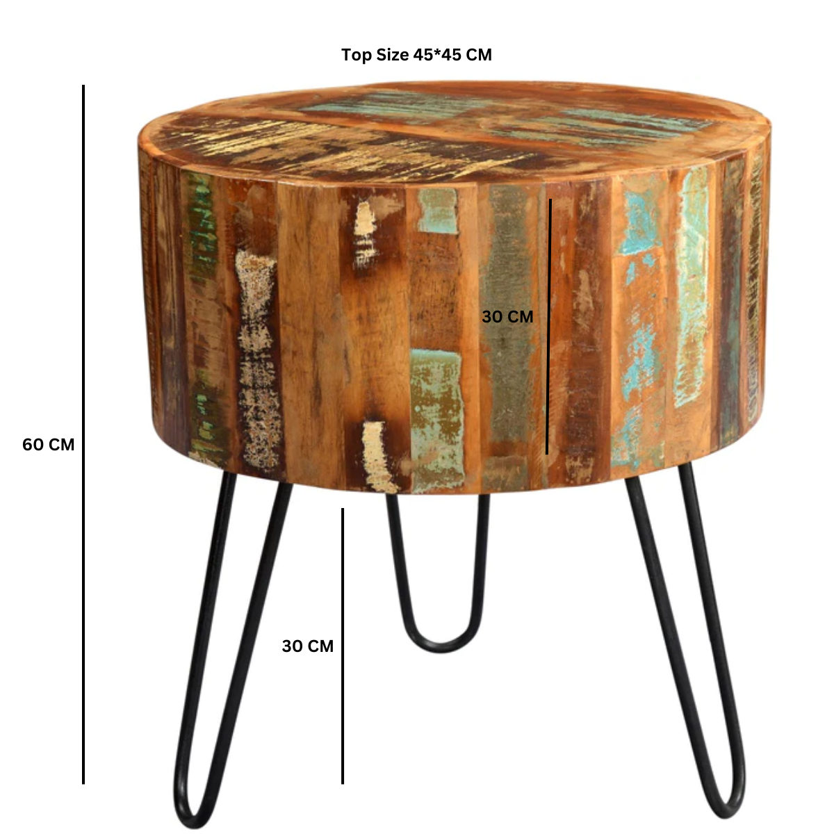 Coastal Drum Side Table in 100% Solid Reclaimed Wood – Rustic Hand-Finished Bedside & Sofa Table