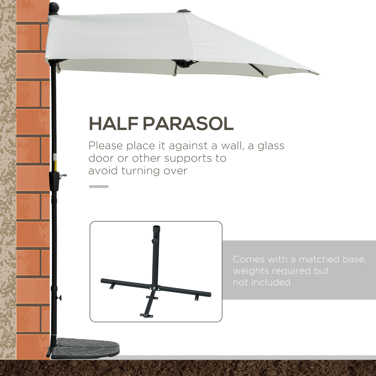 Outsunny 2m Half Parasol with Double Canopy, Crank Handle & Cross Base – Balcony & Patio Wall Shade, Cream White