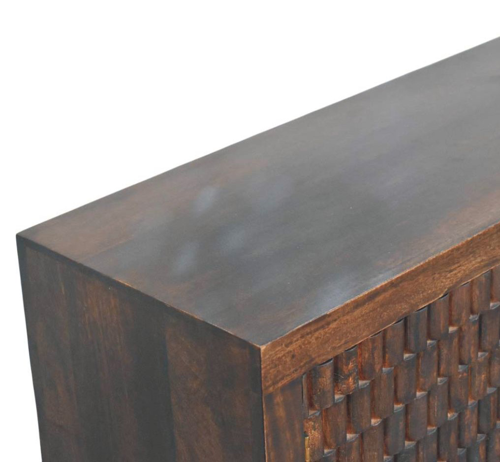 Artisan Furniture Solid Mango Wood Arno Carved Chest of 3 Drawers, Tapered Legs – Bedroom Storage, Dark Brown