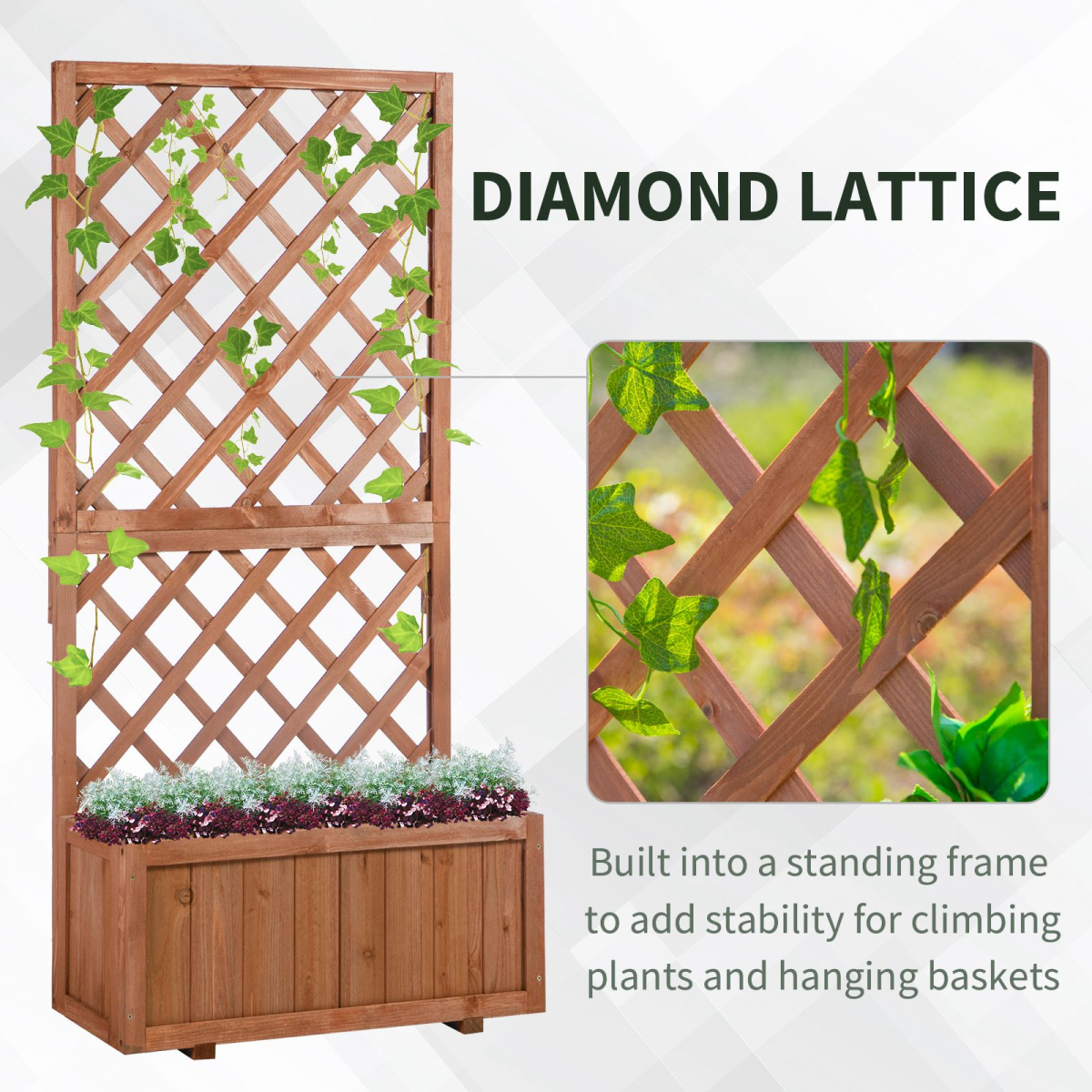 Outsunny Wooden Flower Box Planter with Back Net Board – Fir Wood Garden Display for Plants and Climbers